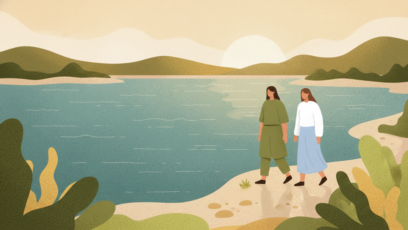 Mujeres caminando junto al lago